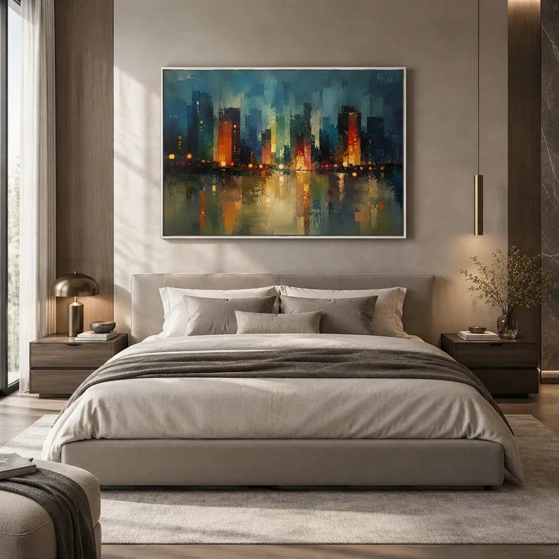 Abstract Expressionist landscapes & seascapes & cityscapes oil painting showing a stylized city skyline with reflective water and atmospheric light in a blue palette.