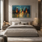 Abstract Expressionist landscapes & seascapes & cityscapes oil painting showing a stylized city skyline with reflective water and atmospheric light in a blue palette.