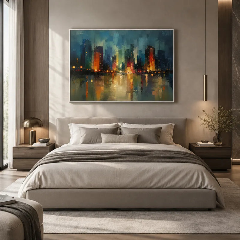Peinture à l'huile de paysages, de marines et de paysages urbains d'expressionnisme abstrait présentant un paysage atmosphérique, un paysage marin ou une composition inspirée de la ville dans une palette bleue.