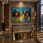 Abstract Expressionist landscapes & seascapes & cityscapes oil painting showing a stylized city skyline with reflective water and atmospheric light in a blue palette.