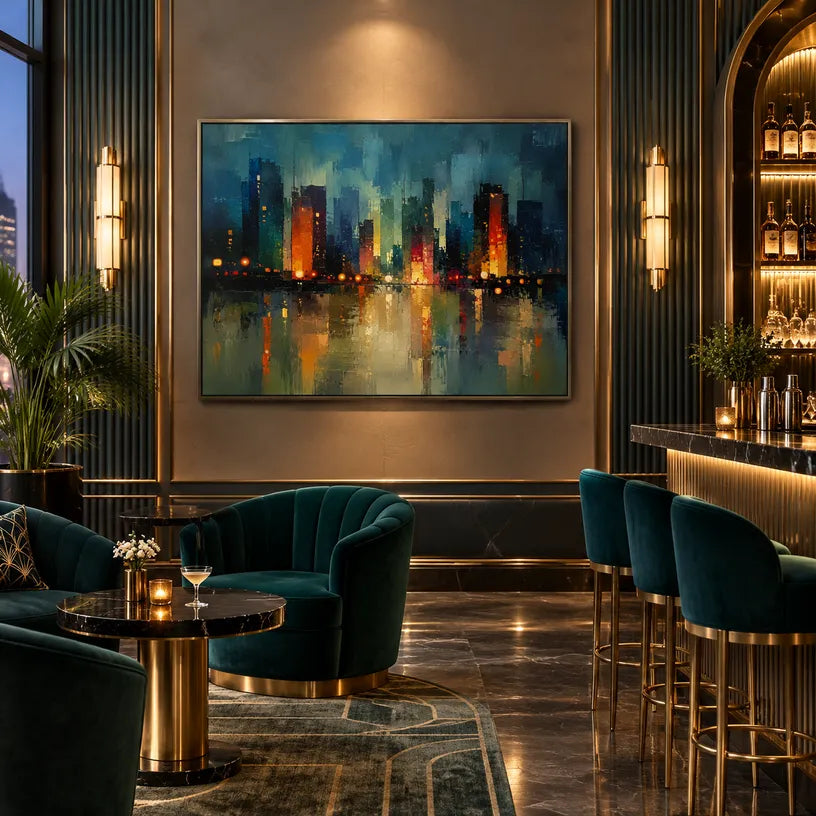 Abstract Expressionist landscapes & seascapes & cityscapes oil painting showing a stylized city skyline with reflective water and atmospheric light in a blue palette.