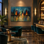 Abstract Expressionist landscapes & seascapes & cityscapes oil painting showing a stylized city skyline with reflective water and atmospheric light in a blue palette.