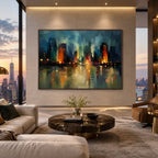 Abstract Expressionist landscapes & seascapes & cityscapes oil painting showing a stylized city skyline with reflective water and atmospheric light in a blue palette.