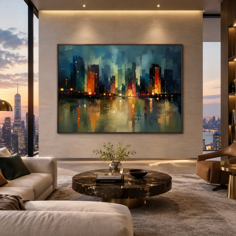 Abstract Expressionist landscapes & seascapes & cityscapes oil painting showing a stylized city skyline with reflective water and atmospheric light in a blue palette.