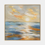 Abstract Expressionist landscapes & seascapes & cityscapes oil painting showing a calm blue seascape with luminous sky and water in a blue palette, contemporary wall art.