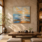 Abstract Expressionist landscapes & seascapes & cityscapes oil painting showing a calm blue seascape with luminous sky and water in a blue palette, contemporary wall art.