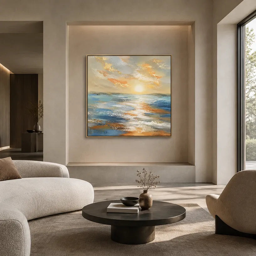 Abstract Expressionist landscapes & seascapes & cityscapes oil painting showing a calm blue seascape with luminous sky and water in a blue palette, contemporary wall art.