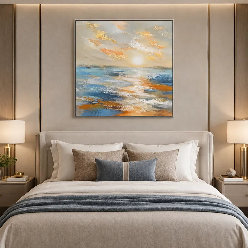 Abstract Expressionist landscapes & seascapes & cityscapes oil painting showing a calm blue seascape with luminous sky and water in a blue palette, contemporary wall art.