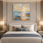 Abstract Expressionist landscapes & seascapes & cityscapes oil painting showing a calm blue seascape with luminous sky and water in a blue palette, contemporary wall art.
