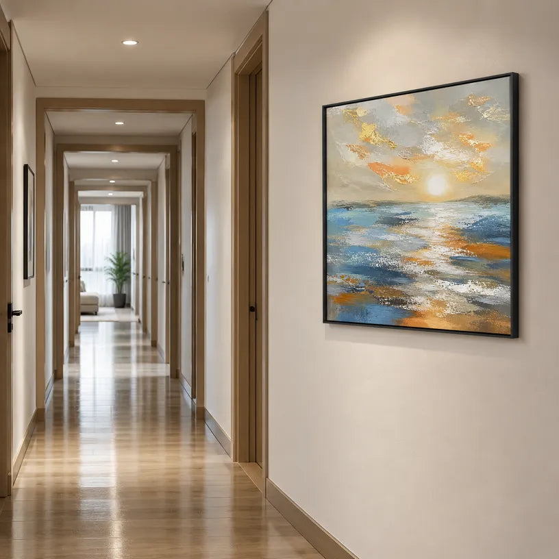 Abstract Expressionist landscapes & seascapes & cityscapes oil painting showing a calm blue seascape with luminous sky and water in a blue palette, contemporary wall art.