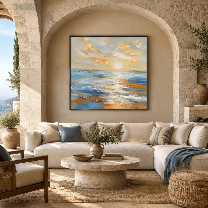 Abstract Expressionist landscapes & seascapes & cityscapes oil painting showing a calm blue seascape with luminous sky and water in a blue palette, contemporary wall art.