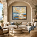 Abstract Expressionist landscapes & seascapes & cityscapes oil painting showing a calm blue seascape with luminous sky and water in a blue palette, contemporary wall art.