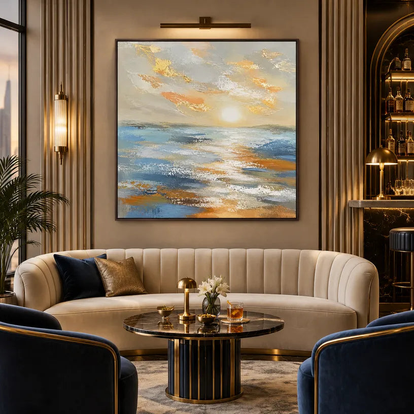 Abstract Expressionist landscapes & seascapes & cityscapes oil painting showing a calm blue seascape with luminous sky and water in a blue palette, contemporary wall art.