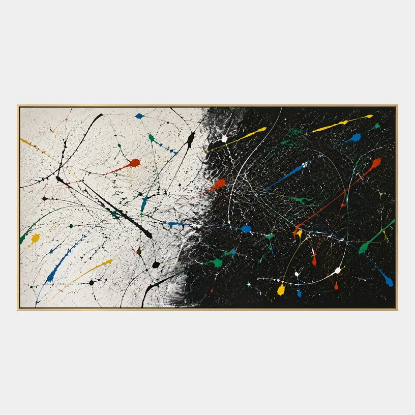 Abstract Expressionist abstract oil painting showing black ground with energetic white and color lines in a black palette, contemporary wall art.