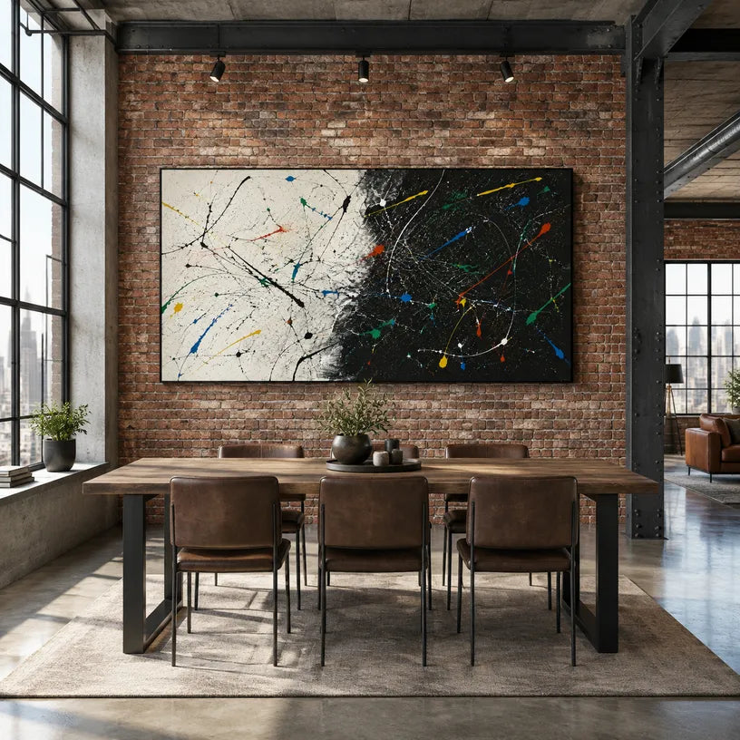 Abstract Expressionist abstract oil painting showing black ground with energetic white and color lines in a black palette, contemporary wall art.
