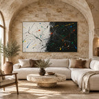 Abstract Expressionist abstract oil painting showing black ground with energetic white and color lines in a black palette, contemporary wall art.