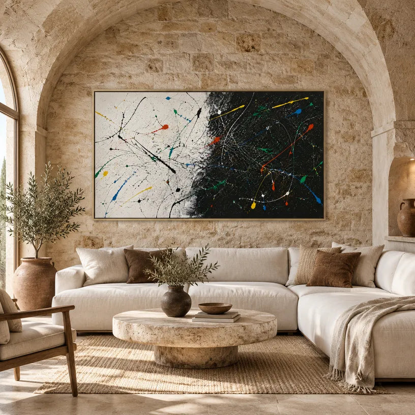 Abstract Expressionist abstract oil painting showing black ground with energetic white and color lines in a black palette, contemporary wall art.