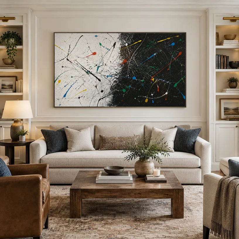 Abstract Expressionist abstract oil painting showing black ground with energetic white and color lines in a black palette, contemporary wall art.