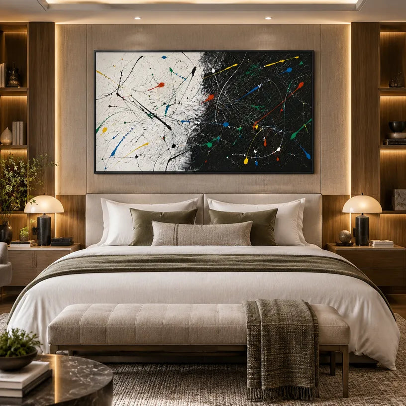 Abstract Expressionist abstract oil painting showing black ground with energetic white and color lines in a black palette, contemporary wall art.