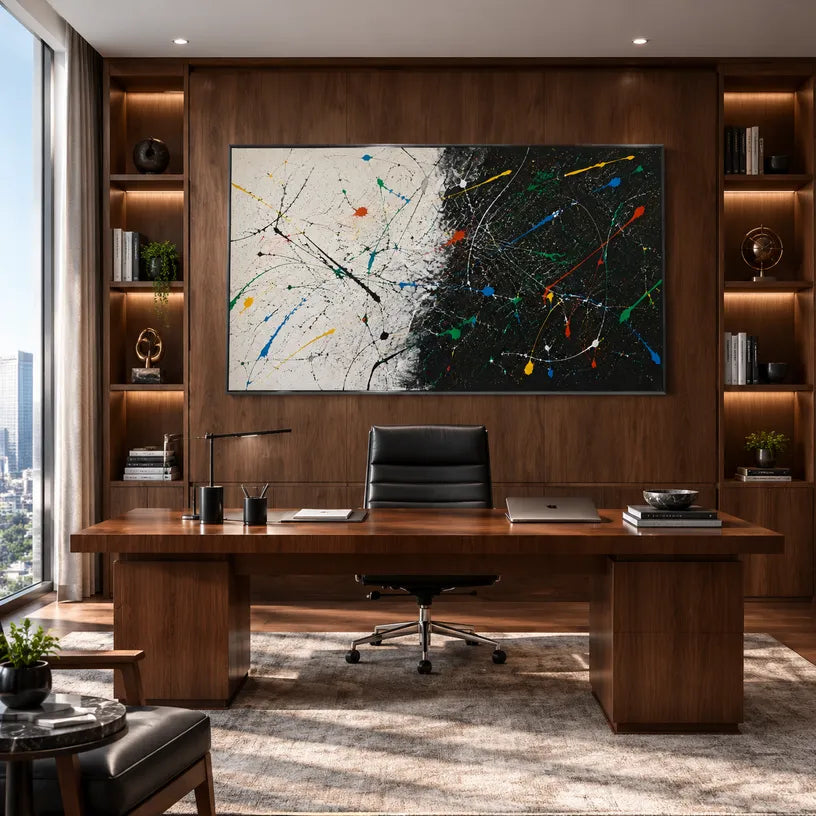 Abstract Expressionist abstract oil painting showing black ground with energetic white and color lines in a black palette, contemporary wall art.