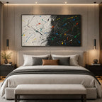 Abstract Expressionist abstract oil painting showing black ground with energetic white and color lines in a black palette, contemporary wall art.