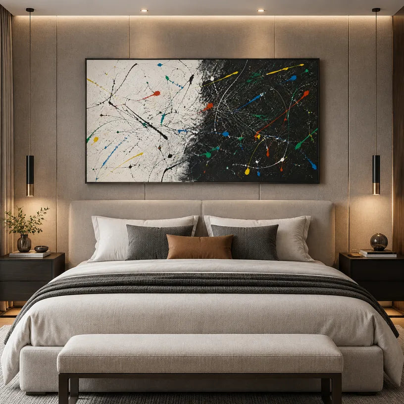 Abstract Expressionist abstract oil painting showing black ground with energetic white and color lines in a black palette, contemporary wall art.