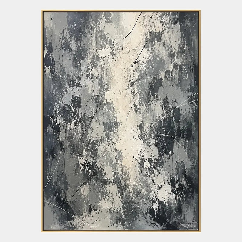 Abstraktes und konzeptuelles Ölgemälde des Abstrakten Expressionismus mit geschichteten abstrakten Zeichen, Textur und ausdrucksstarker malerischer Bewegung in einer grauen Palette.
