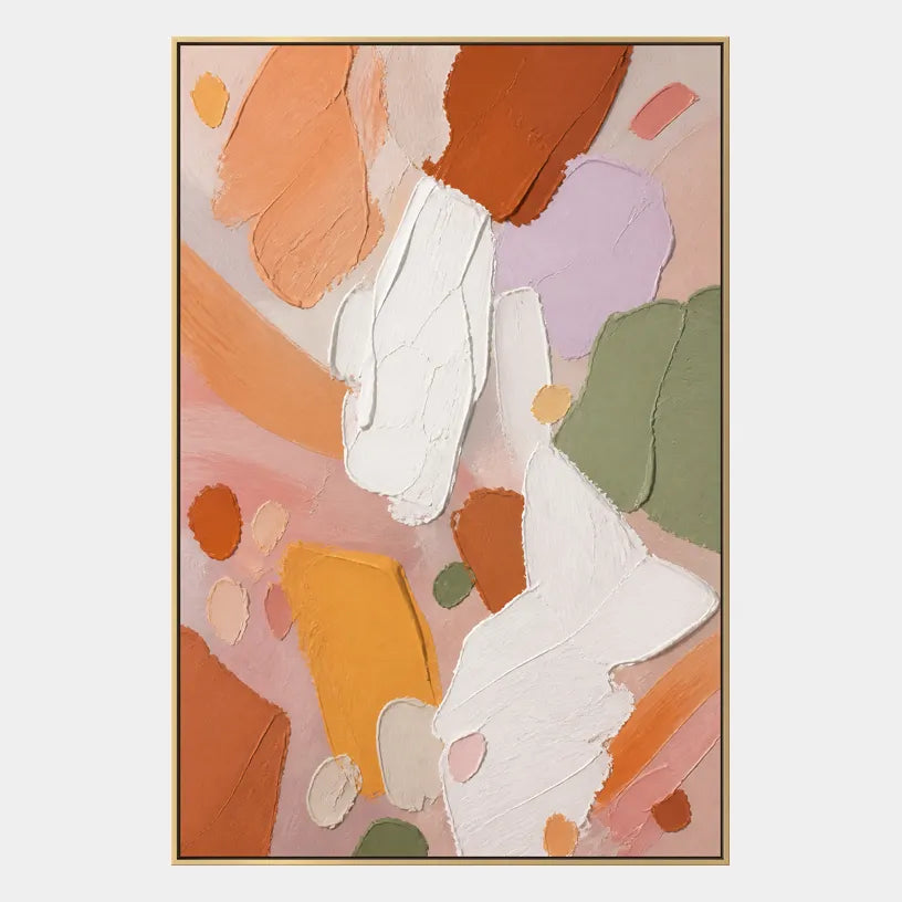 Abstract Expressionist abstract oil painting showing layered abstract marks, texture and expressive painterly movement in a orange palette.