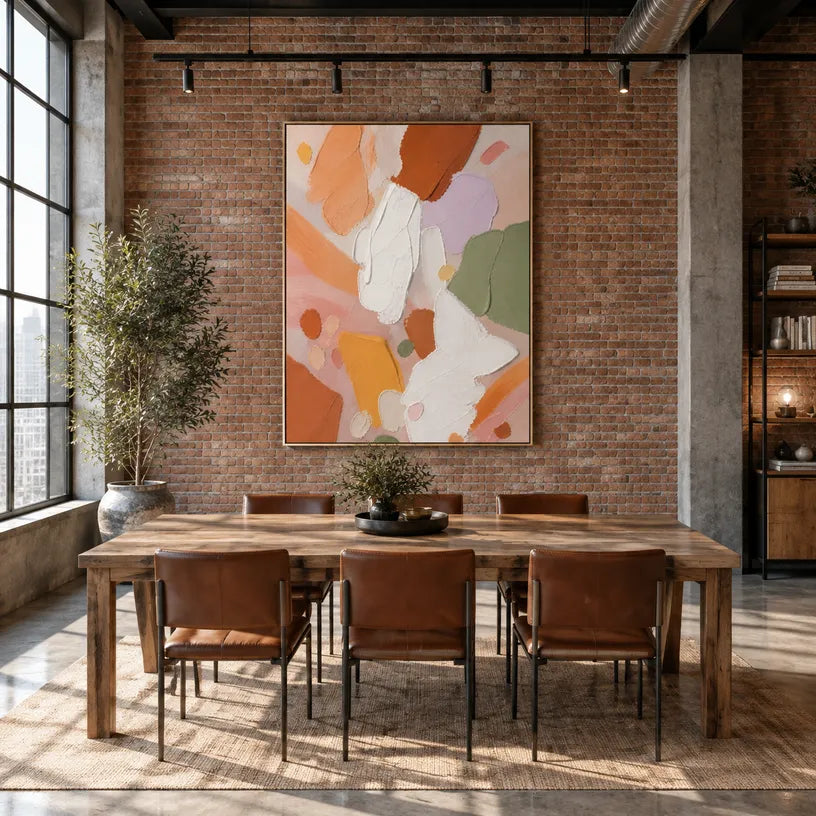 Abstract Expressionist abstract oil painting showing layered abstract marks, texture and expressive painterly movement in a orange palette.