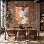 Abstract Expressionist abstract oil painting showing layered abstract marks, texture and expressive painterly movement in a orange palette.
