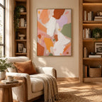 Abstract Expressionist abstract oil painting showing layered abstract marks, texture and expressive painterly movement in a orange palette.