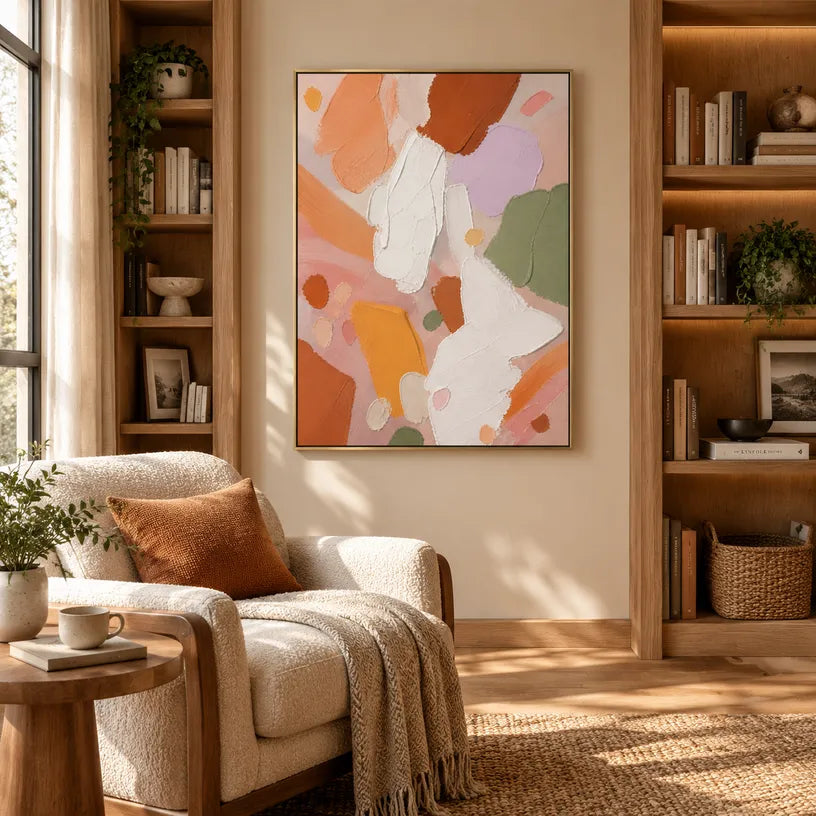 Abstract Expressionist abstract oil painting showing layered abstract marks, texture and expressive painterly movement in a orange palette.