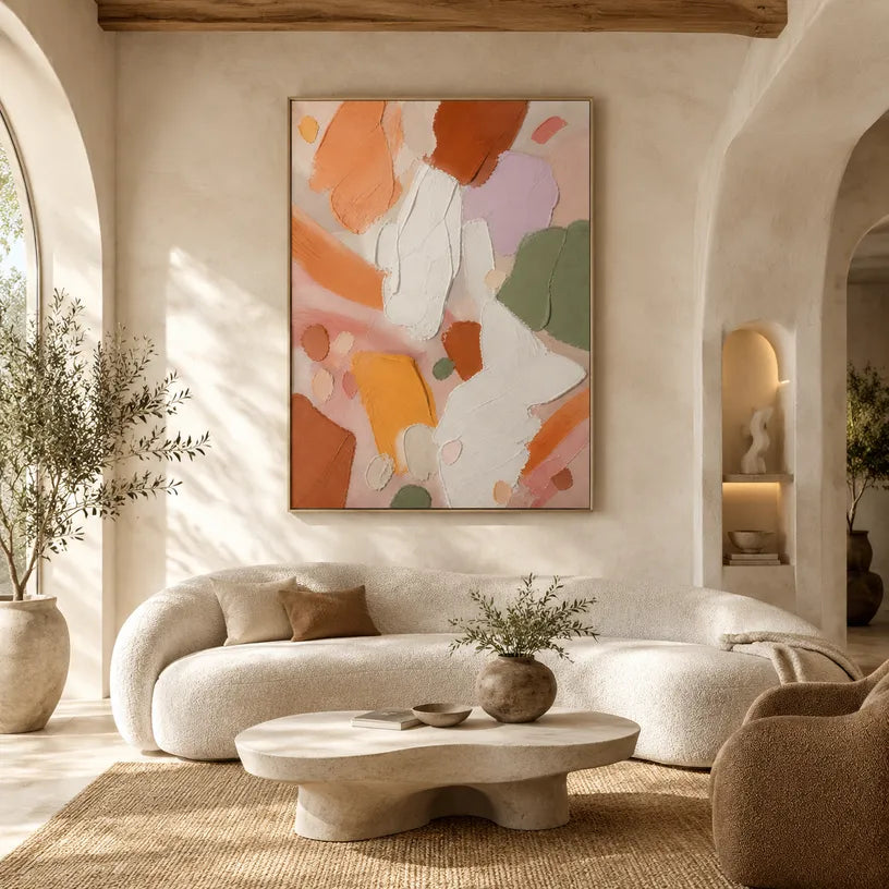 Abstract Expressionist abstract oil painting showing layered abstract marks, texture and expressive painterly movement in a orange palette.
