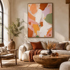 Abstract Expressionist abstract oil painting showing layered abstract marks, texture and expressive painterly movement in a orange palette.
