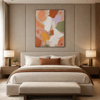 Abstract Expressionist abstract oil painting showing layered abstract marks, texture and expressive painterly movement in a orange palette.
