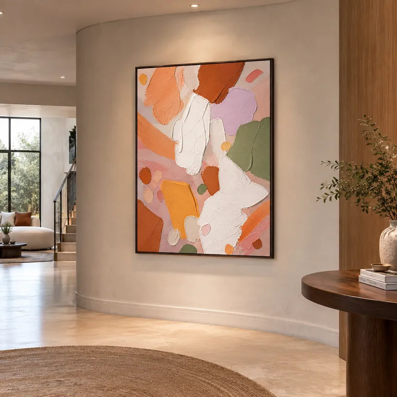 Abstract Expressionist abstract oil painting showing layered abstract marks, texture and expressive painterly movement in a orange palette.