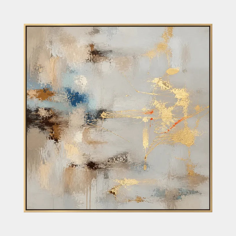 Abstract Expressionist abstract oil painting showing layered abstract marks, texture and expressive painterly movement in a grey palette.