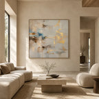 Abstract Expressionist abstract oil painting showing layered abstract marks, texture and expressive painterly movement in a grey palette.