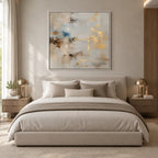 Abstract Expressionist abstract oil painting showing layered abstract marks, texture and expressive painterly movement in a grey palette.