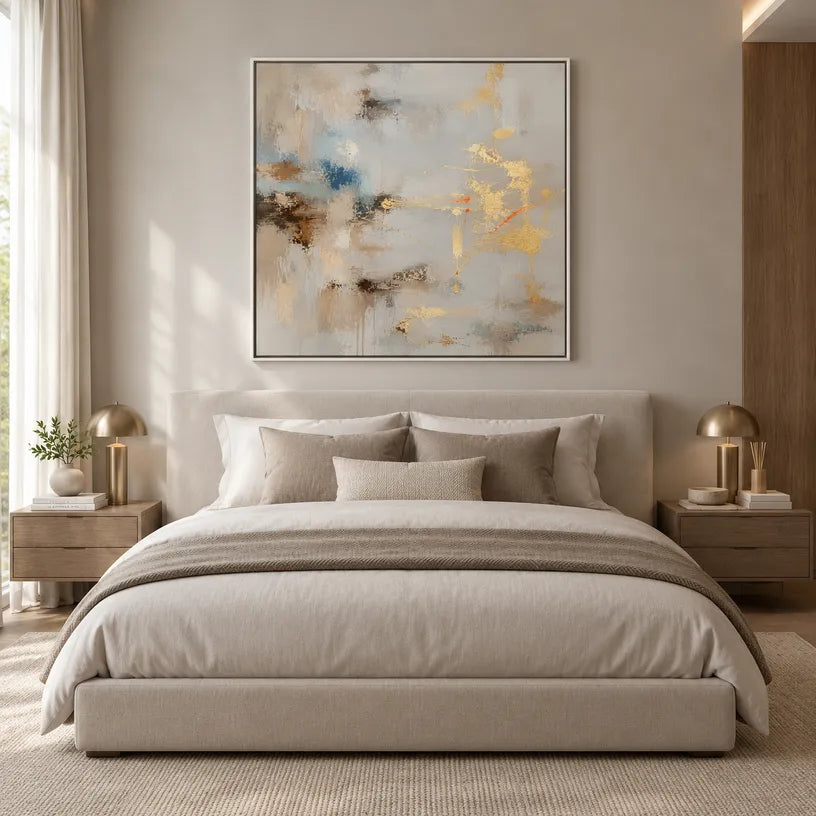 Abstract Expressionist abstract oil painting showing layered abstract marks, texture and expressive painterly movement in a grey palette.