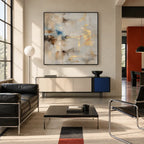 Abstract Expressionist abstract oil painting showing layered abstract marks, texture and expressive painterly movement in a grey palette.
