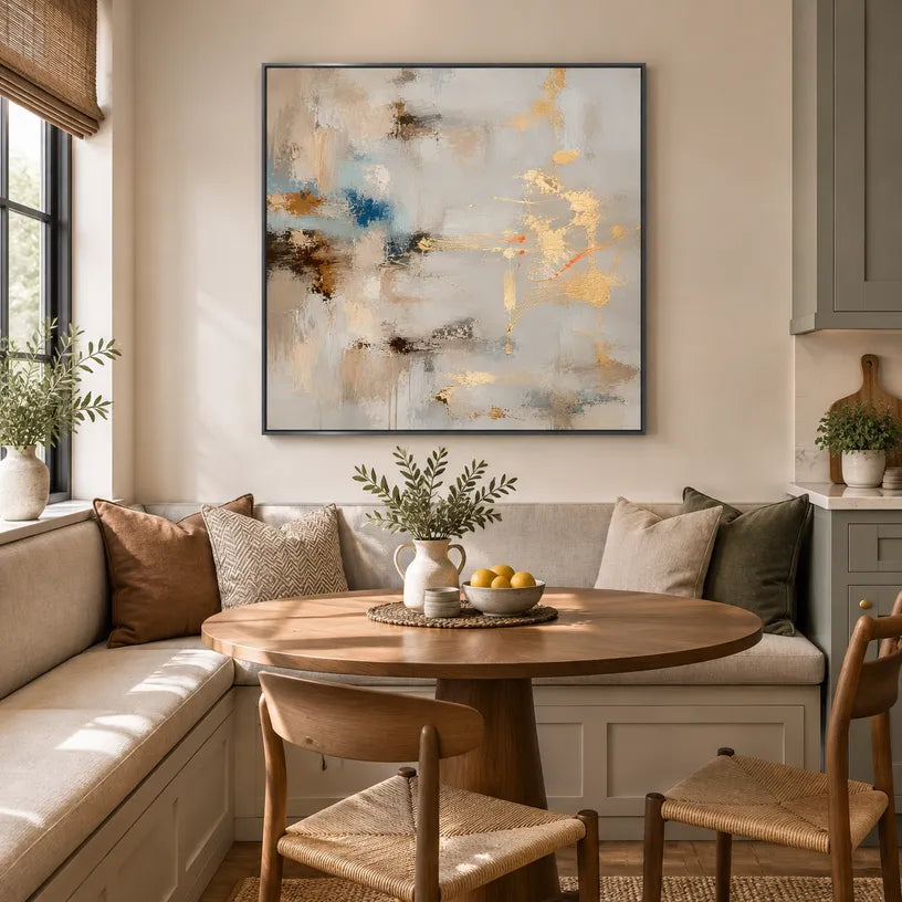 Abstract Expressionist abstract oil painting showing layered abstract marks, texture and expressive painterly movement in a grey palette.