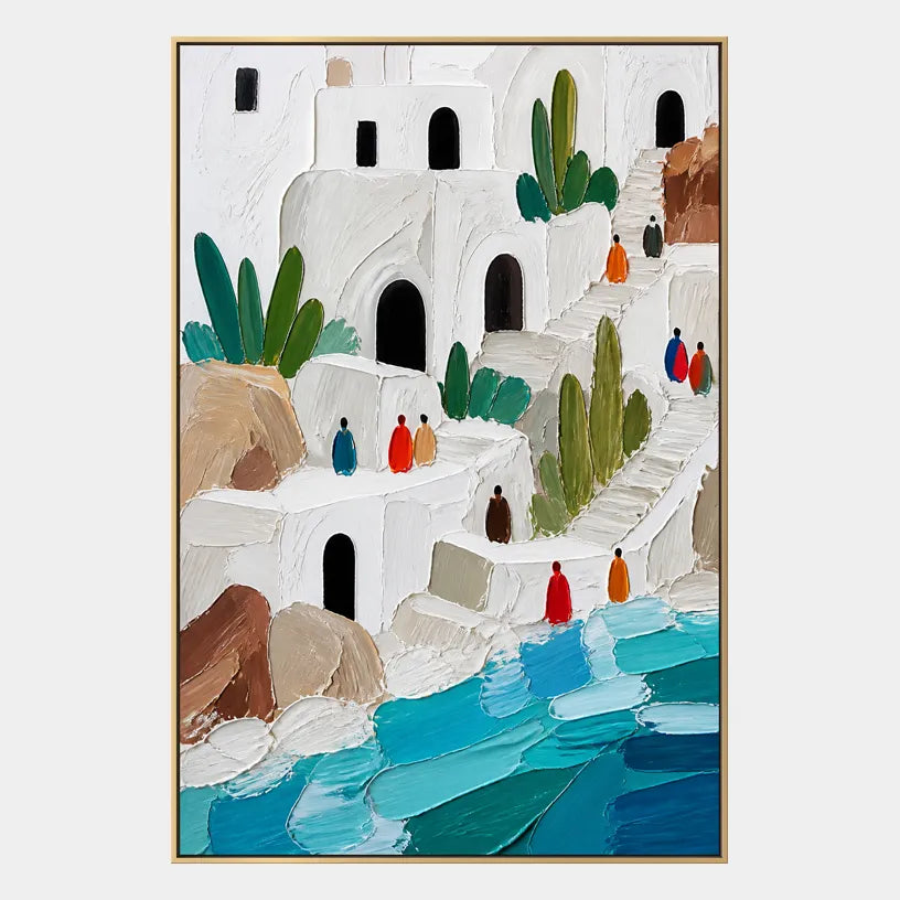 Abstract Expressionist landscapes & seascapes & cityscapes oil painting showing a bright coastal village above turquoise water in a blue palette, contemporary wall art.
