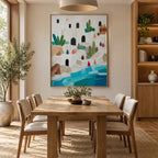 Abstract Expressionist landscapes & seascapes & cityscapes oil painting showing a bright coastal village above turquoise water in a blue palette, contemporary wall art.