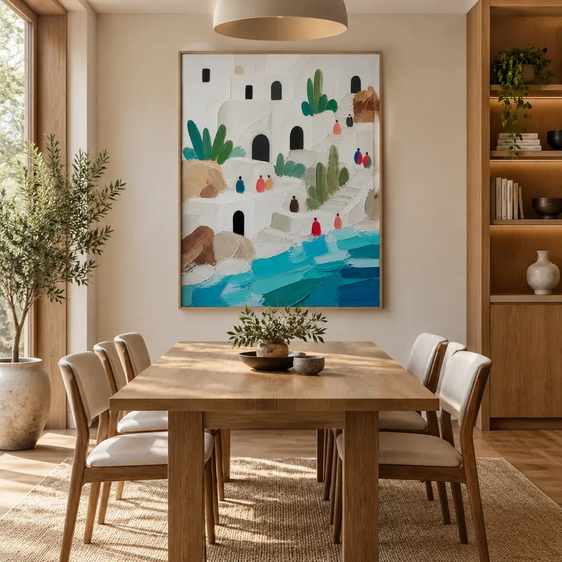 Abstract Expressionist landscapes & seascapes & cityscapes oil painting showing a bright coastal village above turquoise water in a blue palette, contemporary wall art.