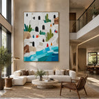 Abstract Expressionist landscapes & seascapes & cityscapes oil painting showing a bright coastal village above turquoise water in a blue palette, contemporary wall art.