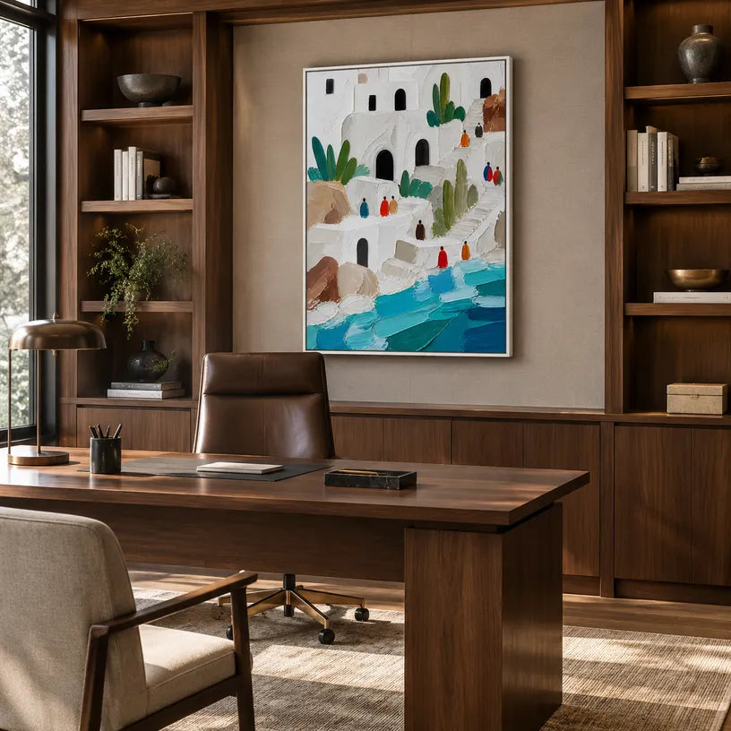 Abstract Expressionist landscapes & seascapes & cityscapes oil painting showing a bright coastal village above turquoise water in a blue palette, contemporary wall art.