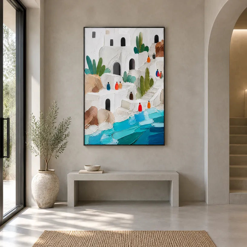 Abstract Expressionist landscapes & seascapes & cityscapes oil painting showing a bright coastal village above turquoise water in a blue palette, contemporary wall art.