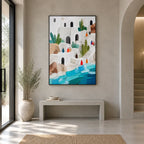 Abstract Expressionist landscapes & seascapes & cityscapes oil painting showing a bright coastal village above turquoise water in a blue palette, contemporary wall art.