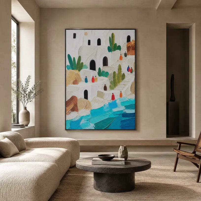 Abstract Expressionist landscapes & seascapes & cityscapes oil painting showing a bright coastal village above turquoise water in a blue palette, contemporary wall art.